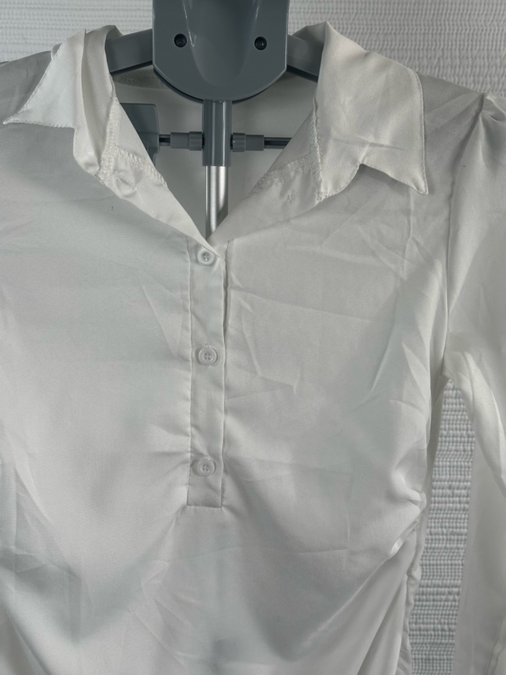 White Satin-Look Ruched Shirt Dress Minimalist Chic Side Tie Button Front Sz S - Picture 7 of 11